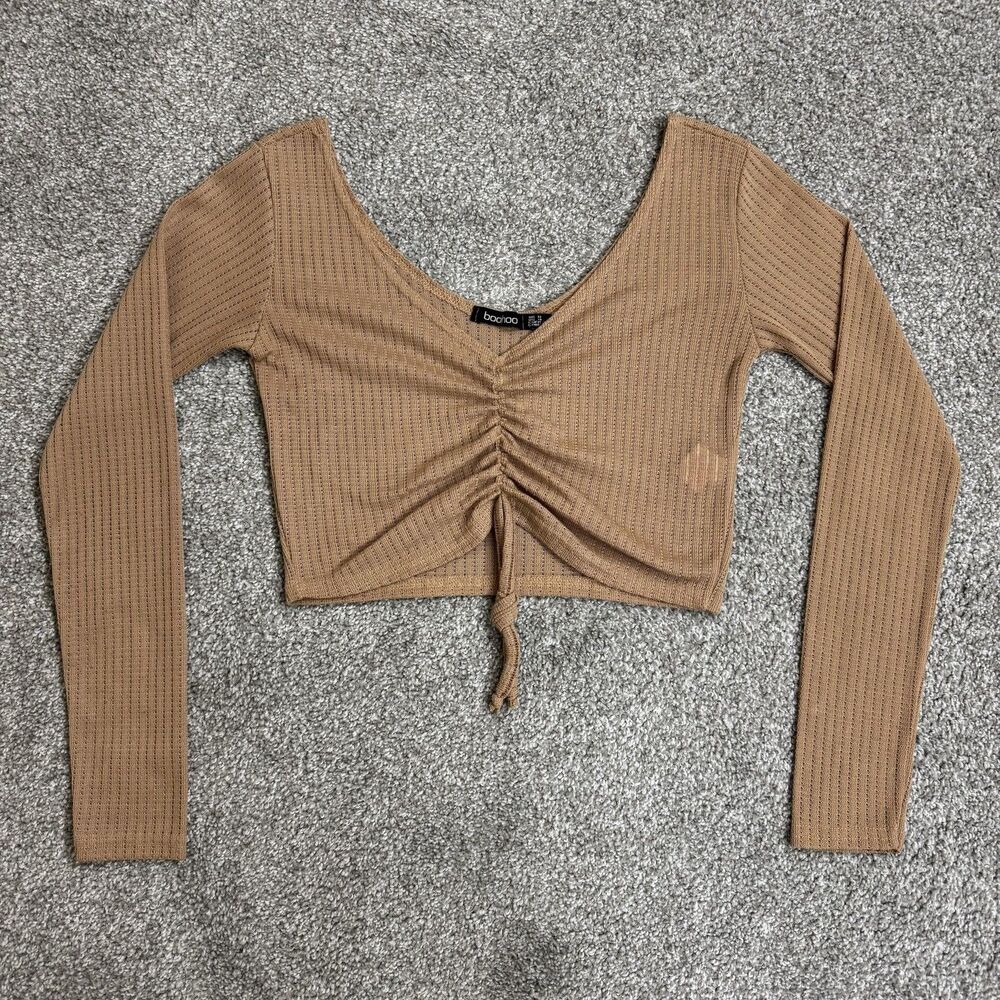 Boohoo Shirt Womens 4 Beige Ruched Long Sleeve Western Crop Top Boho Hippie